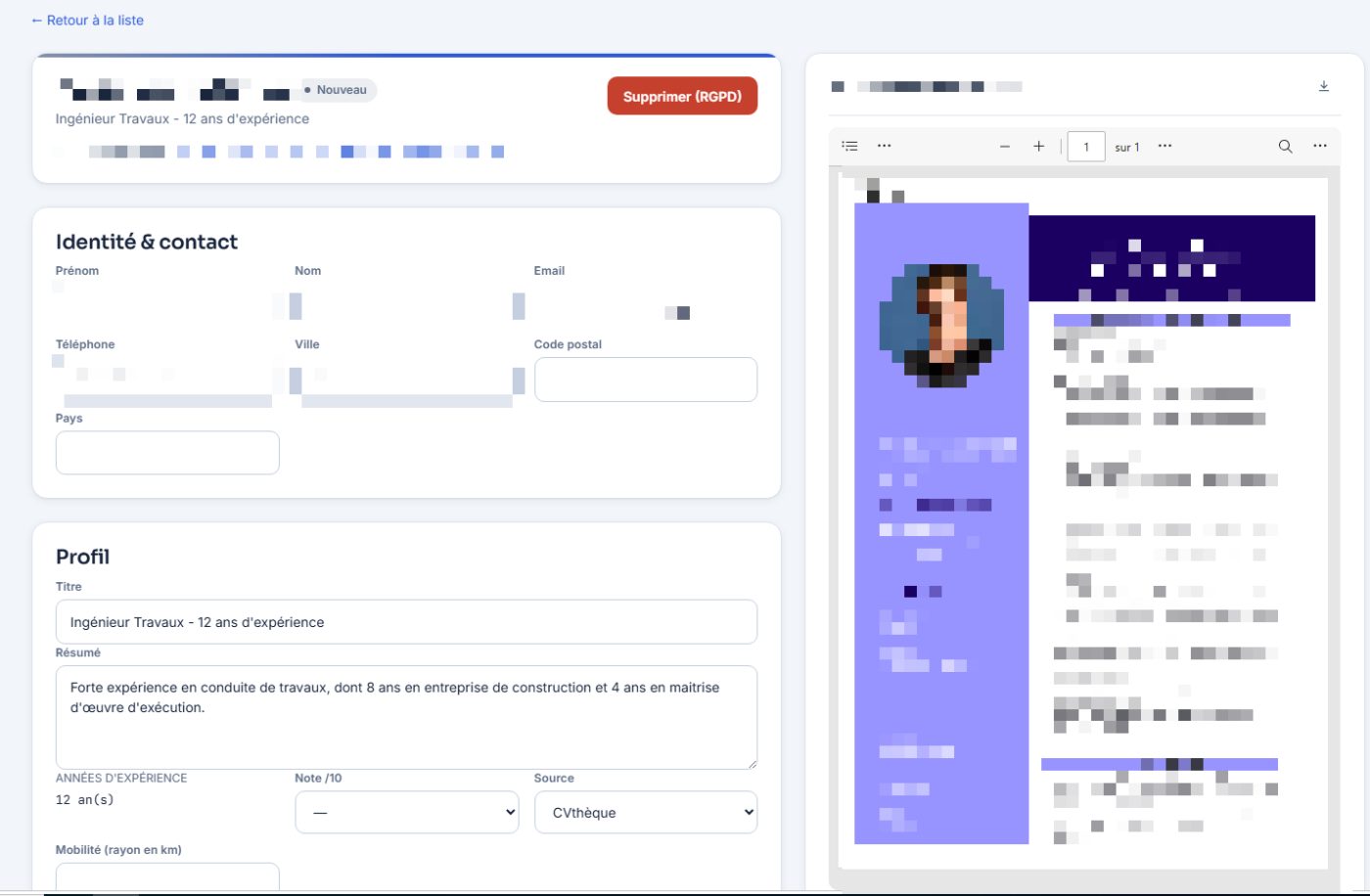 CVthèque - fiche candidat créée automatiquement par l'IA, avec le CV en vis-à-vis
