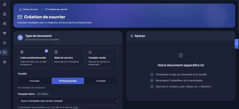 Plateforme d’assistants IA d’un bureau d’études : création de courrier, avec choix du type de document, de la tonalité et du modèle Word