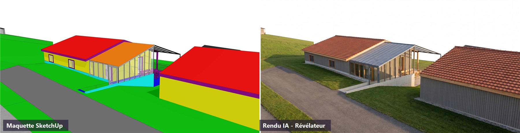 Révélateur : à gauche la maquette SketchUp d'un cabinet d'architectes, à droite le rendu photoréaliste généré par l'IA