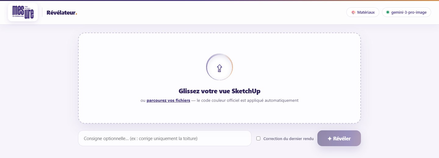 Application Révélateur — interface de génération de rendus